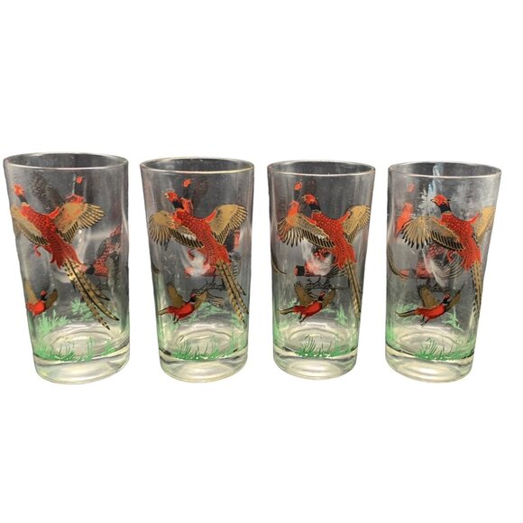 Vintage Set 4 Hazel Atlas Pheasant Hunting Bird Glasses 6", 12 ounce Gold Red - Picture 1 of 8